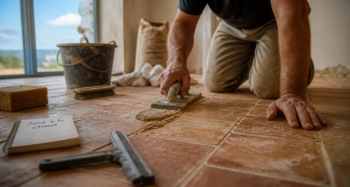 Joint à la chaux tout prêt pour sol ancien : artisan sur tomettes