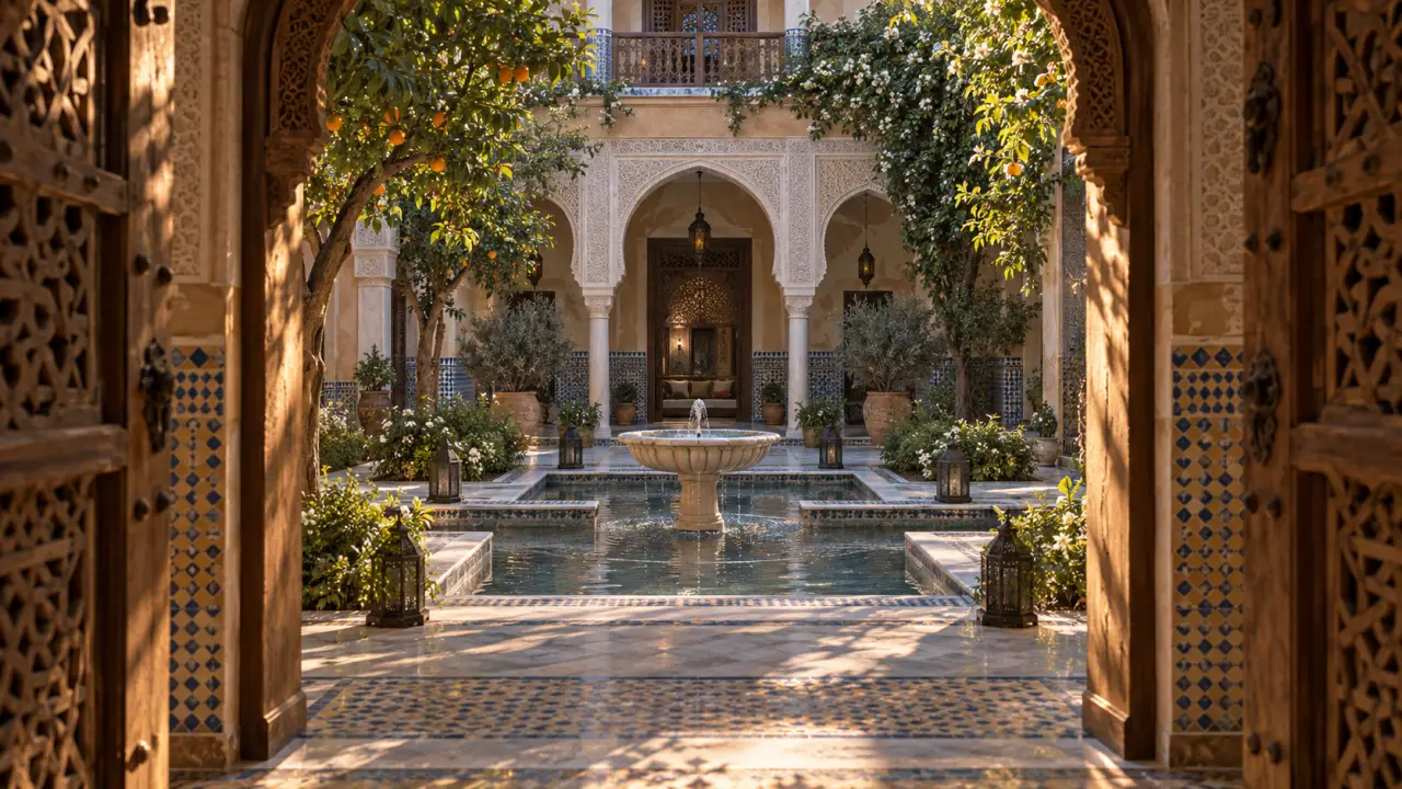 Maison traditionnelle maroc : riad, patio et fontaine à tadelakt ocre