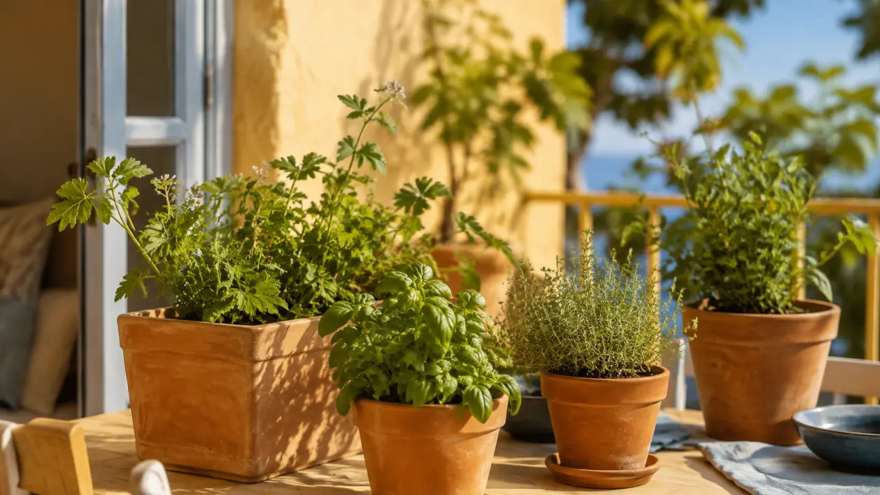 Plantes répulsives contre les moustiques en pots sur une terrasse méditerranéenne