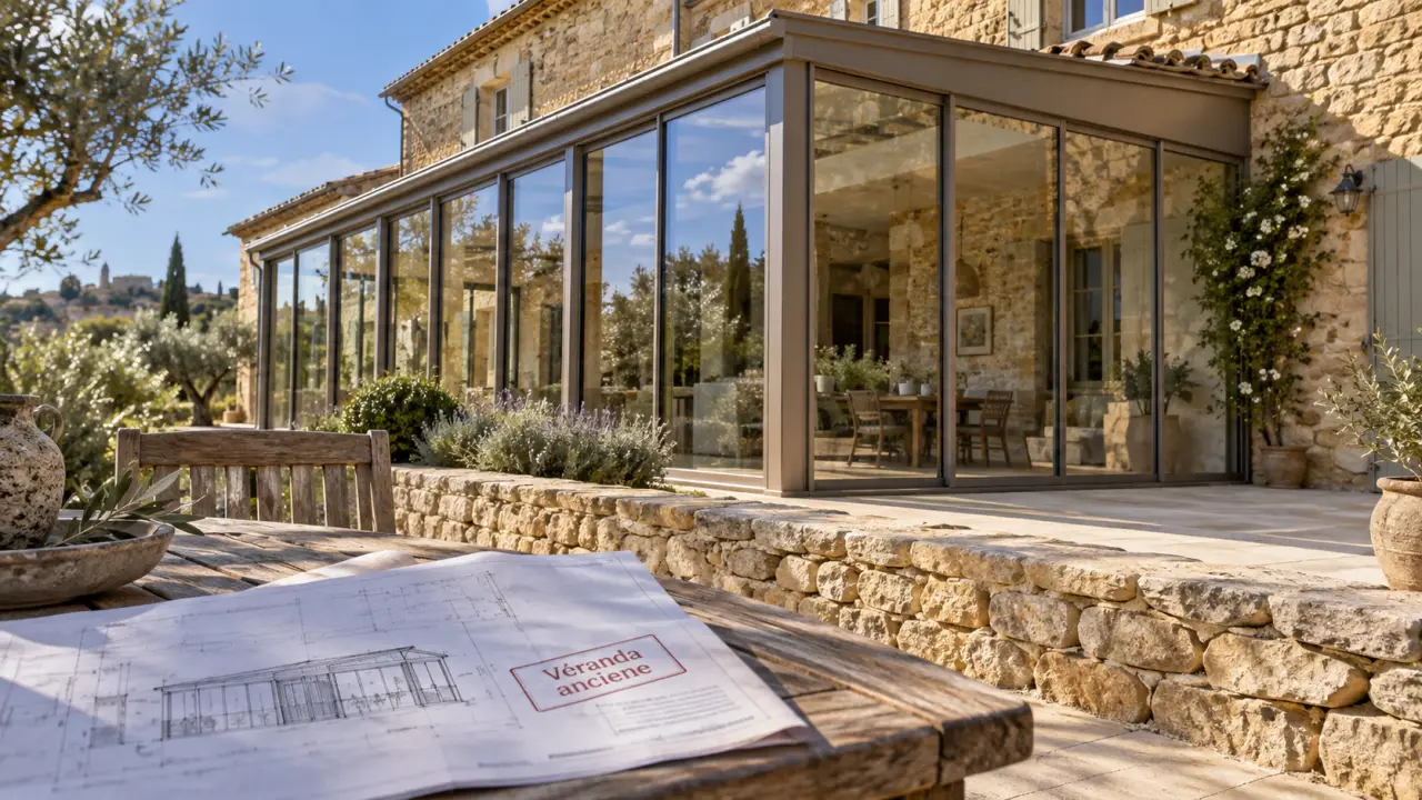 Véranda maison ancienne avec châssis aluminium et pierres