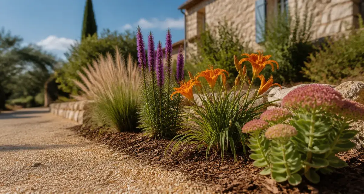 Vivace plein soleil : hémérocalle, sedum, liatris et pennisetum au jardin sec