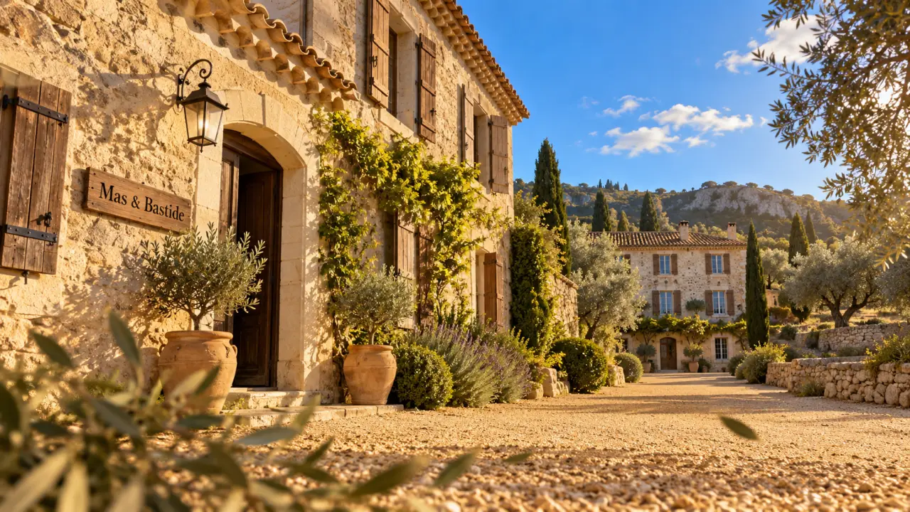 Architecture provencale : mas et bastide en pierre, tuiles et volets bois