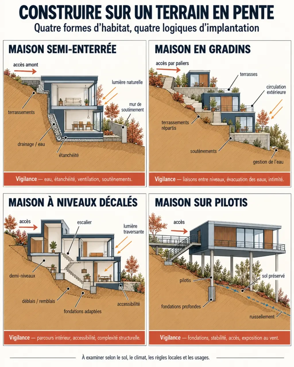 Infographie des solutions de construction sur terrain en pente