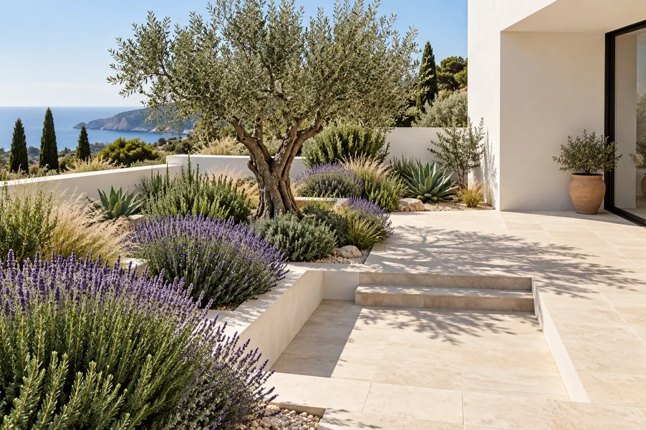 Jardin mediterraneen moderne avec olivier, lavandes, gravier et terrasse aux lignes épurées