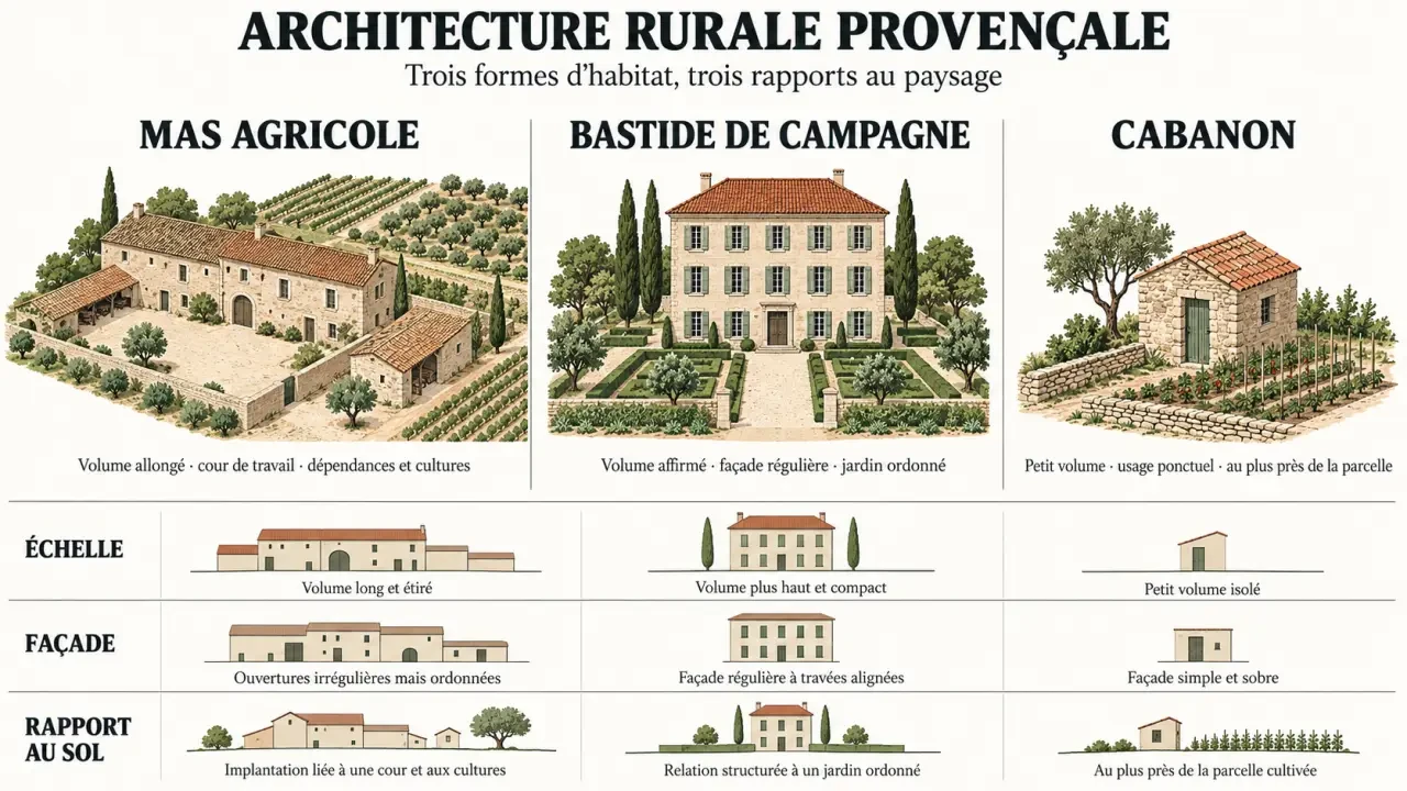 Architecture provencale : comparaison visuelle entre un mas, une bastide et un cabanon