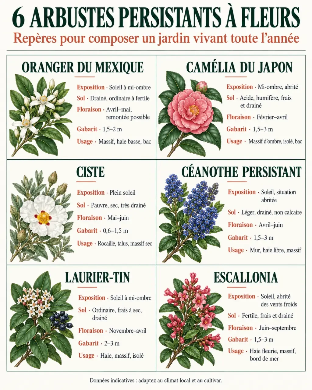 Infographie comparative sur les arbustes persistants à fleurs selon l’exposition, le sol, la floraison et l’usage
