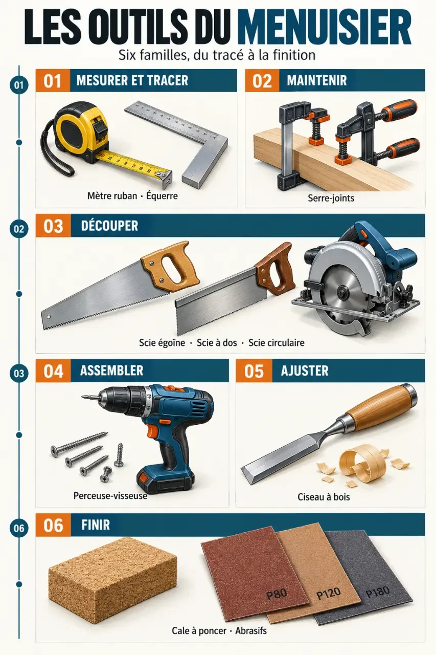 Outil de menuisier : familles d’outils et usages pour mesurer, couper, assembler et finir