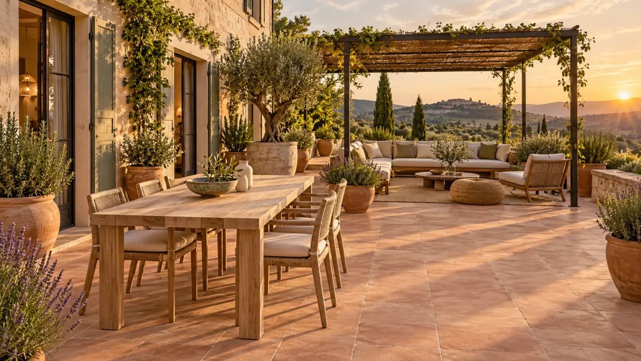 Terrasse provençale aménagée avec coin repas, pergola et plantes méditerranéennes
