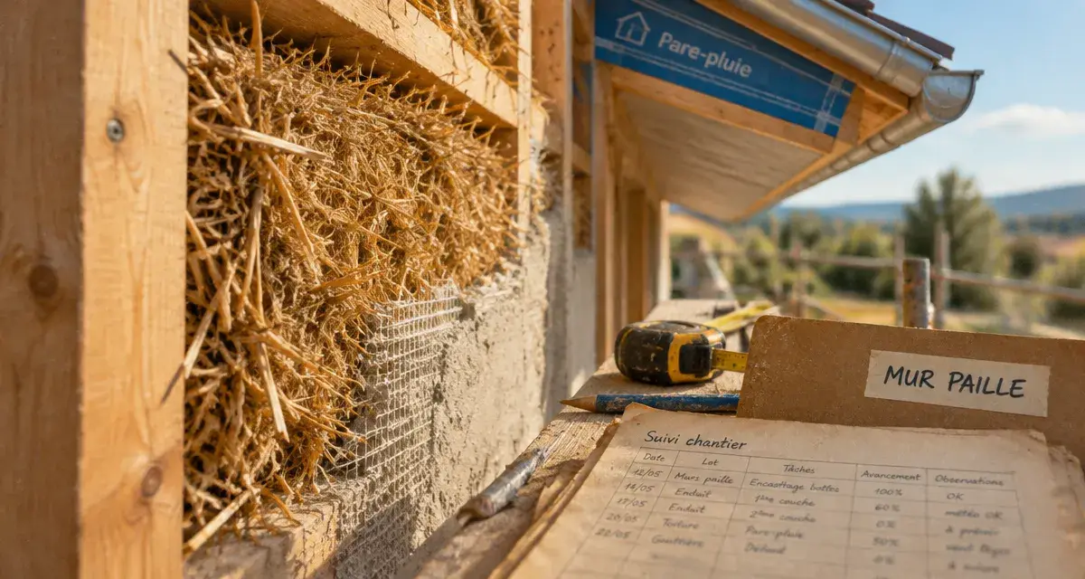 Maison en paille inconvénients : botte de paille et enduit sur ossature bois