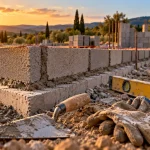 Monter un mur en parpaing : première rangée, fondation béton et parpaings alignés