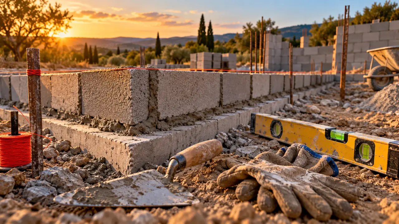 Monter un mur en parpaing : première rangée, fondation béton et parpaings alignés