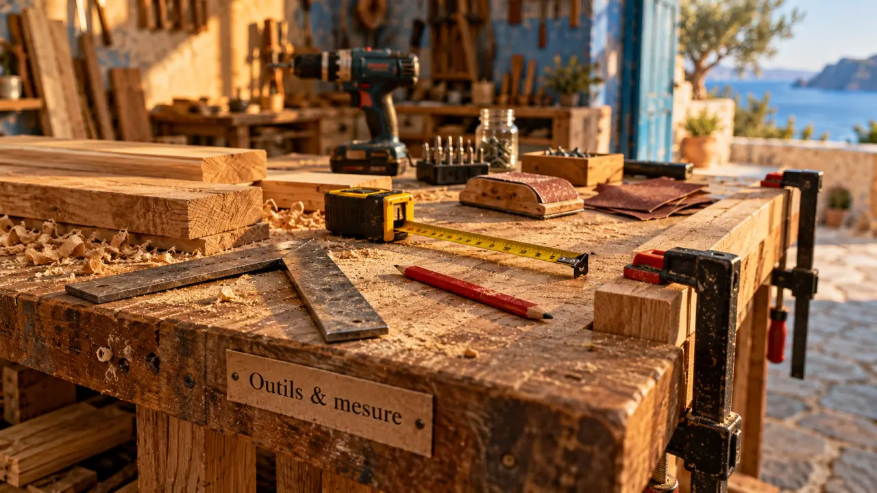 Outil de menuisier sur établi : mètre, équerre et serre-joints en atelier