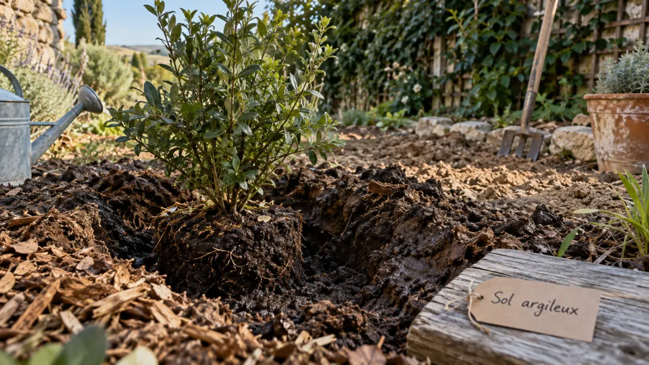 plante sol argileux en fosse : terre argileuse humide et paillage