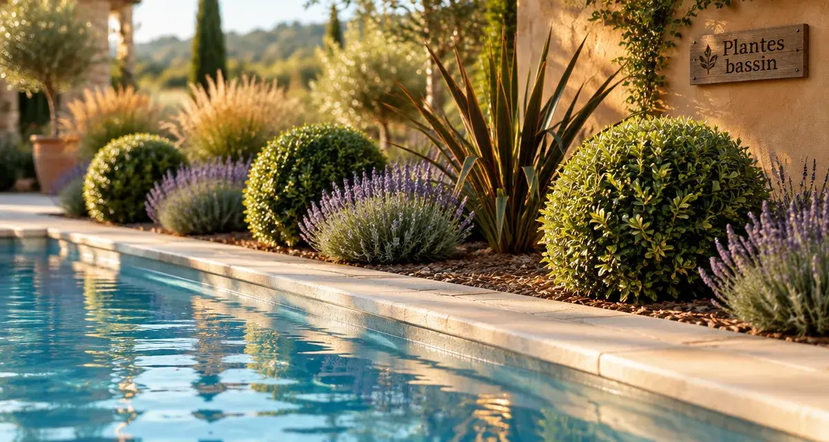 Plantes piscines autour d’une piscine : pittosporum et lavande près du bassin