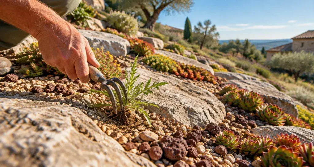Une rocaille sans entretien se joue dans le sol, les plantes et le paillage